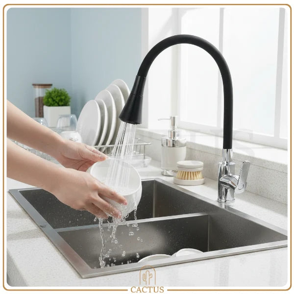 FlexiJet Torneira Parede Preta – Bica flexível 360° com duplo jato para pia de cozinha